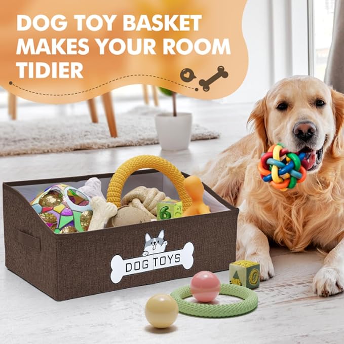 Dog Toy Basket, Specially Designed for Dog Toy Storage, Collapsible Dog Toy Box with Handle，Perfect for Storing Pet Toys and Accessories (Brown)