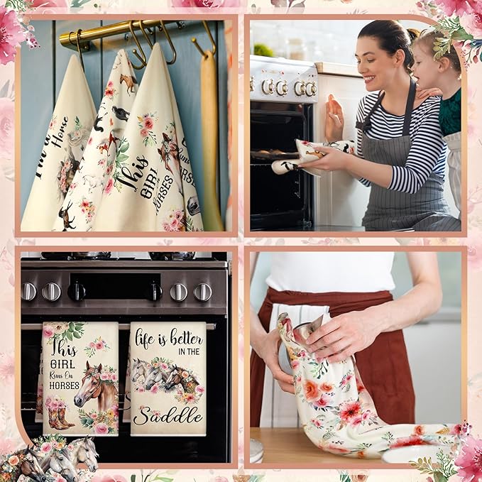 TecUnite 6 Pcs Horse Kitchen Towels Set Funny Floral Tea Towels Gifts for Horse Lovers Dish Towels Decorative Horse Hand Towel for Bathroom Cleaning Drying Tasks Women Mom Housewarming Gifts Decor