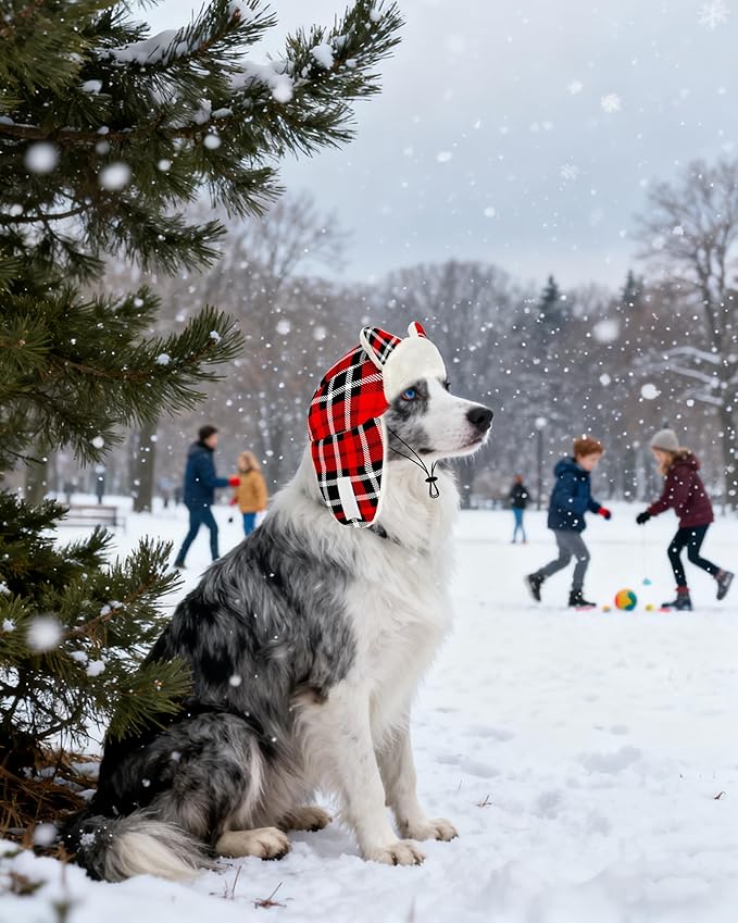 PET SHOW Dog Trapper Hat Winter Hat for Medium Large Dogs Christmas Warm Fleece Aviator Hats with Ear Flaps Adjustable Outdoor Boy Pet Pilot Costume Cap L-Red Plaid/Without Ear Holes