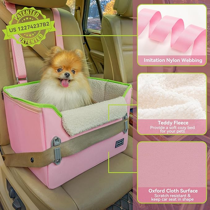 PETSFIT Small Dog Car Seat – Patented Safety Buckles – Safety Tether – Foldable Travel Cat Car Seat Reduces Anxiety & Road Trips – Stable Frame, Soft Cushion, Fits Front/Back Seat (Pink)