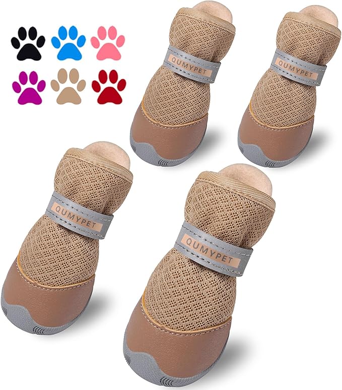 QUMY 4PCS Dog Shoes for Small Dogs, Hot Pavement Summer Puppy Dog Boots & Paw Protectors with Soft Anti-Slip Rubber Sole, Mesh Breathable Dog Booties for Hardfloors, Walking Running Khaki Size 1