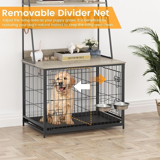 57 Inch Dog Crate Furniture with Storage - Large Dog Cage with Double Door,Dog House Kennel Indoor with Two 7" Dog Bowls,37.4"×24.4"×57.1",Grey