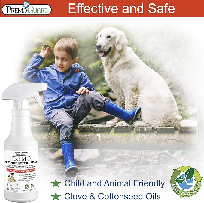 Premo Guard Pet Protector Spray - 32 oz - Kills Mites, Fleas, Ticks, & Mosquitoes - for Dogs, Cats, & Home - Natural Plant Based Oils for Control, Prevention & Treatment - Family Safe