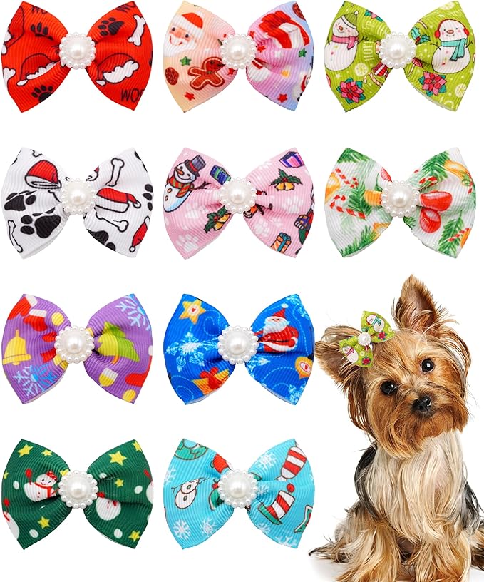 PET SHOW 10 Pack 2" Christmas Small Dogs Hair Bows with French Clips Rhinestone Yorkie Barrette Clip Bowknot for Medium Dogs Puppy Pet Xmas Topknot Cat Grooming Hair Accessories