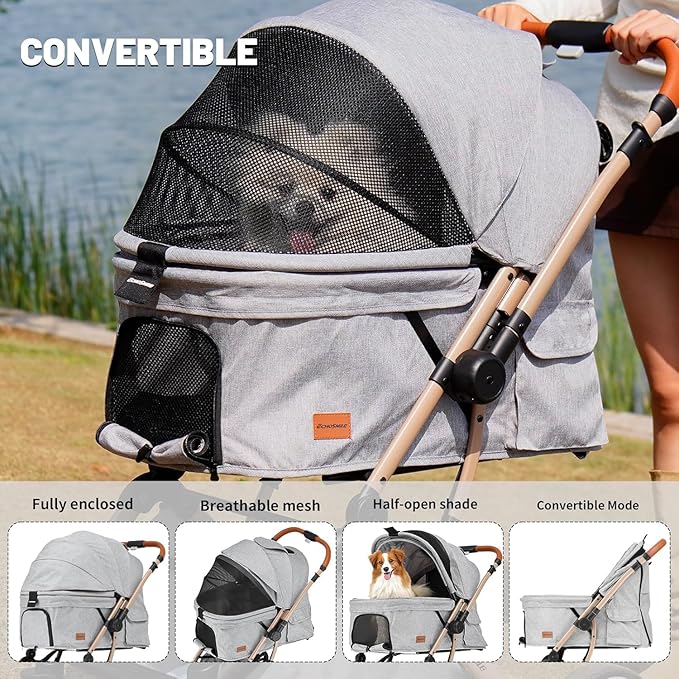 EchoSmile Small Medium Dogs Stroller 4-Wheel Pet Strollers for Medium Dogs Up to 50lbs, One Click Folding Large Cat Stroller, Reversible Handle, Shock Absorbing Wheels, Removable Washable Pad