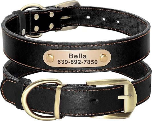 Didog Genuine Leather Dog Collars with Engraved Nameplate, Personalized Soft Leather Dog Collar with Custom ID Tag, Brown/Green/Red for Small Dogs (S,Black)