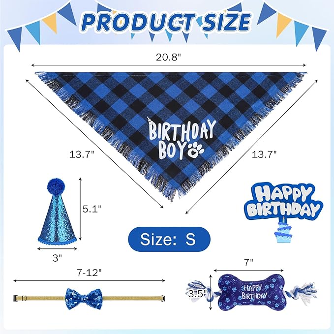 SCENEREAL Dog Birthday Party Supplies, Dog Birthday Bandana Hat Toy Bow Tie Collar Set with Birthday Numbers, Puppy Pet Birthday Scarf Accessories Outfit Decorations for Boy Girl Small Dogs, S