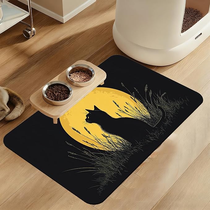 Giner Cat Moon Pet Food Mat for Cats and Dogs–Absorbent Quick Dry Feeding Placemat, Non Slip Rubber Base, Waterproof Bowl Mat for Indoor Use, Pet Supplies 16"x24"