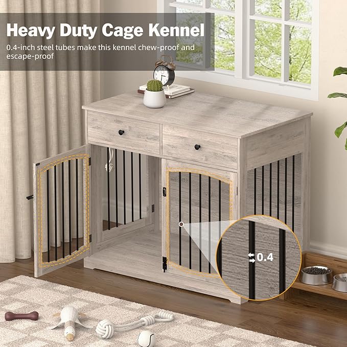40'' Wooden Dog Crate Furniture–Farmhouse Dog Kenel-Multi Purpose Pet House with Double Doors, 2 Drawers, for Small, Medium & Large Dogs–Rustic Grey Finish