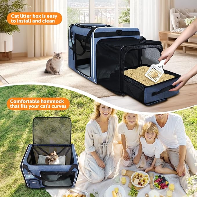 Petskd Side Expandable Extra Large Cat Carrier with Litter Box Area for Long Distance Car Travel,24"x17"x17" Collapsible Soft-Sided Large Pet Carrier with Zipper Locks for 2 Cats Under 55LBS(Blue)