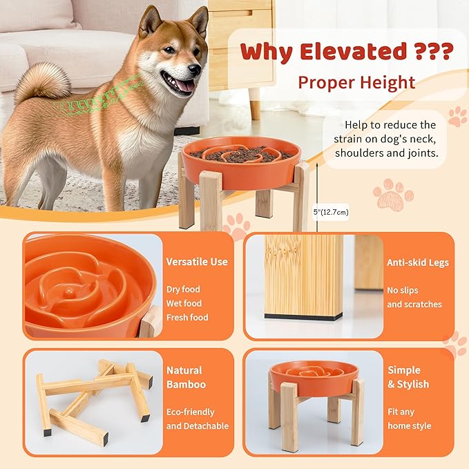 Elevated Slow Feeder Dog Bowl - Puzzle Maze Dish with Bamboo Stand - Raised Ceramic Food Bowl for Medium and Large Dogs - 8.8 Inch - Orange