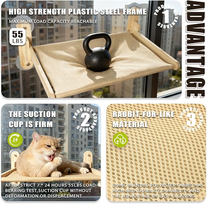 Cat Window Perch with Strong Suction Cups, Cat Window Hammock Foldable Bed with Breathable Mesh, All-Season Lounger for Medium Small Cats to Bird Watch & Sunbathe (Burlywood, L)