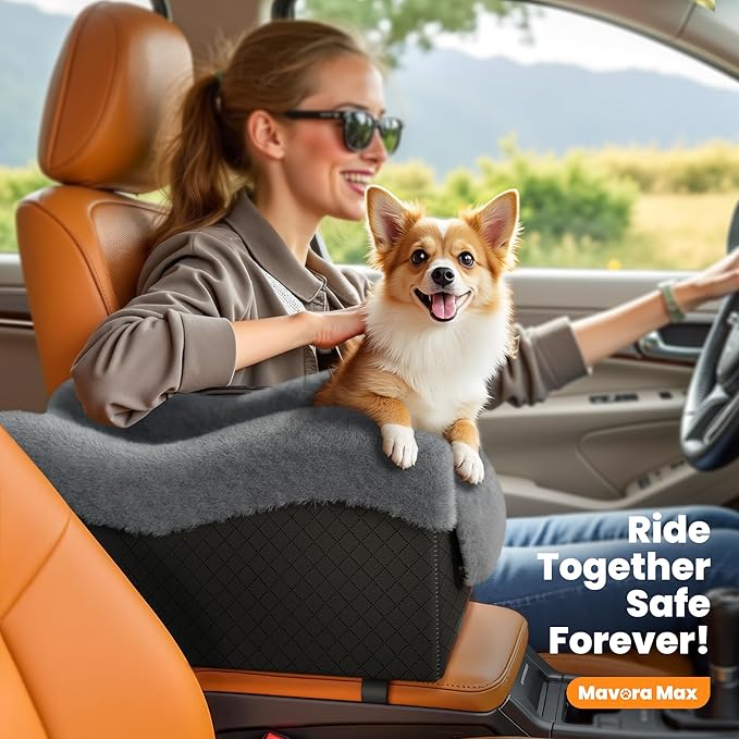 Portable Small Dog Seat for Car, Luxury Center Console Dog Car Seat Booster with Safety Tethers, Anti-Collapse Pet Travel Carseat for SUV, Truck (Black/Grey)