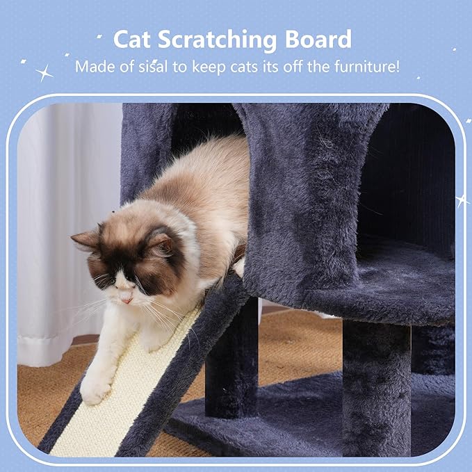 Hey-brother Cat Tree Tower, Sturdy Scratching Posts with Platform, Large Condos, Hammock, Removable Toys, Scratch Board, Multi-Level Furniture for Indoor Cats, 59.0 or 72.8 Inches, Smoky Gray MPJ055G