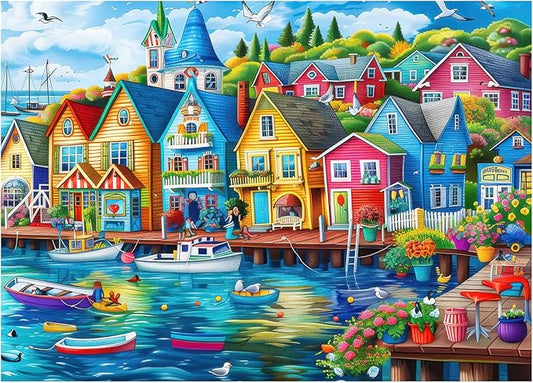 Seaside Town Jigsaw Puzzle, Puzzles for Adults 1000 Pieces, Ocean Boat Seagull Landscape Puzzle with Letters on Back, Challenging for Adults with Vibrant Coastal Art, 28x20 Inch, Family Games & Gift