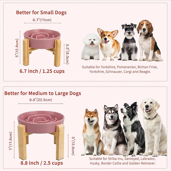 Elevated Slow Feeder Dog Bowl - Ceramic Food Dish with Bamboo Stand - Raised Maze Design - Ideal for Medium to Large Dogs - Pink - 8.8 inch