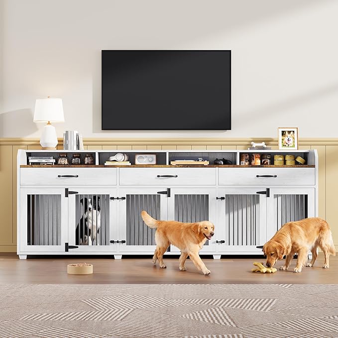AMERLIFE 95" Large Dog Crate Furniture with Storage, 3-Room Indoor Wooden Dog Kennel for Large/Medium Dogs, TV Stand & Sideboard with Drawers & Removable Divider, White+Barnwood