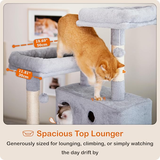 Ouritsu Cat Tree, 73.6 inch Tall Cat Climbing Tower for Large Cat Indoor with 2 Large Condos, 2 Widened Perches, Sisal Covered Scratching Posts, 2 Hammocks, Light Gray, XLF001GA