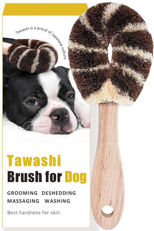 Dog Grooming Massage Tawashi Brush with Wood Handle Less Static Natural Palm Fiber Made in Japan (Large Dog)