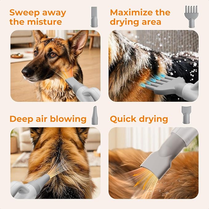 Pecute High-Velocity Dog Hair Dryer, Dog Blow Dryer with Adjustable Speed & Temp, Cool-Warm-Hot Cycle Mode, 4 Nozzles, Soft Noise Pet Dryer for Grooming, Heat Resistant Hose, 6.5ft Cord