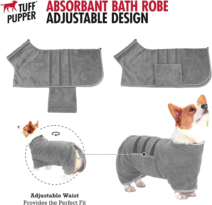Tuff Pupper Fast Drying Dog Bath Robe | 800 GSM Plush Dog Towel Bathrobe/Dressing Gown | Super Absorbent Pet/Puppy Bathrobe | Adjustable Hood & Belly Strap | Super Soft | Fast Drying (XXL, Gray)