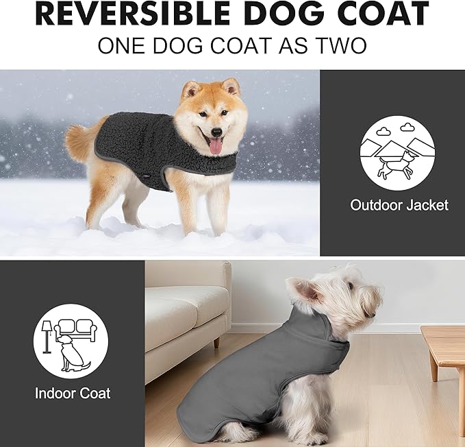 cyeollo Small Dog Coat, Sherpa Dog Winter Coat Reversible Fleece Doggie Jackets Doggy Sweater for Small Dogs Male with Leash Hole, Soft Cold Weather Pet Clothes, Dark Grey M