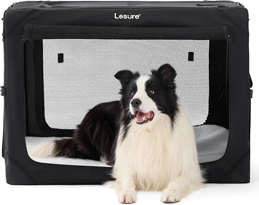 Lesure Collapsible Dog Crate - Portable Travel Kennel for Large Dog, 4-Door Pet Crate with Mesh Windows, Indoor & Outdoor, Black