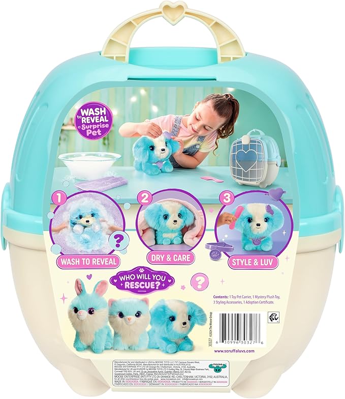 SCRUFFALUVS Blue Surprise Pet, Mystery Plush Toys, Stuffed Animals, Wash to Reveal 1 of 3 Rescue Pets: Puppy, Bunny, or Kitty - Includes 8.7" Deluxe Pet Carrier - Styles May Vary