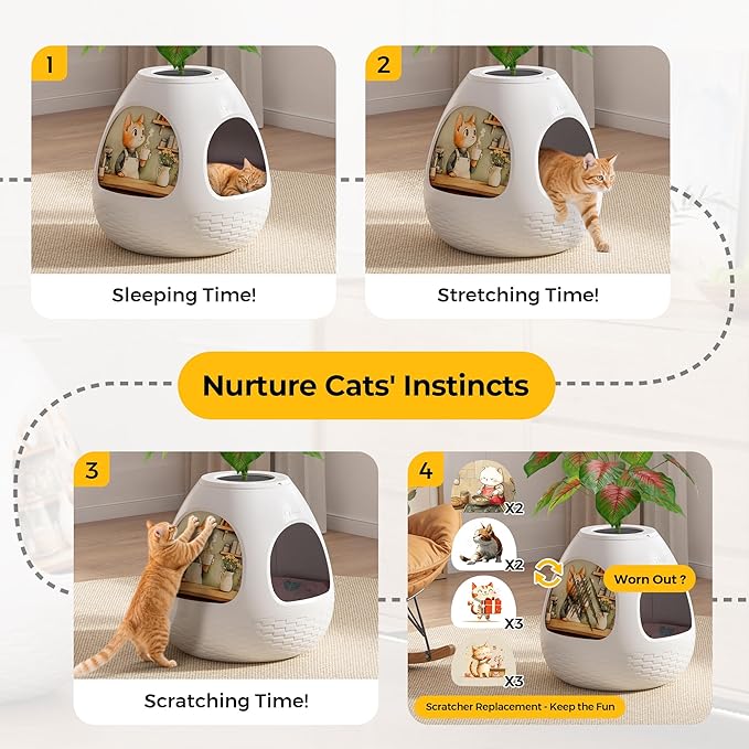Copod8 Cat Bed Heated Pet Cave 4-in-1 Kitty Warming House Condo with Replaceable Scratching Board, Heating Pad and Air Purifier for Indoor Cats Rabbits Guinea Pigs Small Dogs (White)