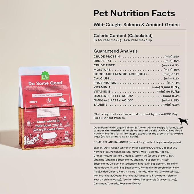 Open Farm, Ancient Grains Dry Dog Food, Protein-Rich & Nutrient Dense, 90% Animal Protein Mixed with Non-GMO Fruits, Veggies and Superfoods, Wild Caught Salmon Recipe, 22lb Bag
