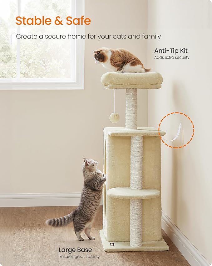 Feandrea Cat Tree, Small Cat Tower for Indoor Cats, Plush Cat Caves with Perch, Scratching Posts, for Small Spaces, Kittens, Sand Beige UPCT005Y01