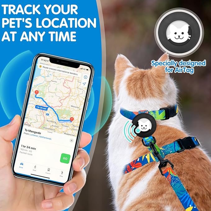 BINGPET Cat Harness and Leash Set Escape Proof for Walking,Adjustable Kitten Harness with Airtag Holder for Small Medium Large Cats (Green Leaves Print,Neck:8"-12",Chest:12.5"-18")