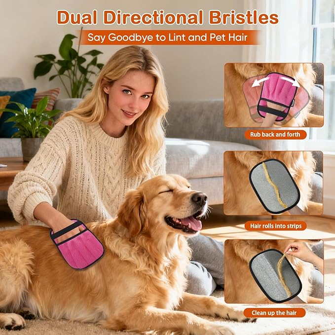 Pet Hair Removal Gloves 2-Pack - Upgraded Five-Finger Electrostatic Cats & Dogs Hair Brush Shedding | Reusable Pet Hair Remover Tool for Laundry, Furniture, Car Seat (Pink)