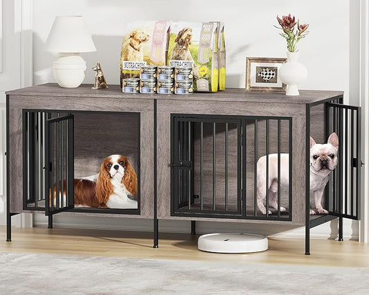EasyCom Dog Crate Furniture for 1 or 2 Dogs, Heavy Duty Single/Double Dog Crates for Small/Medium/Large Dogs, Dog Kennel Furniture Indoor as TV Stand, Small Size 55.12" L(0-20 Pounds), Oak Grey
