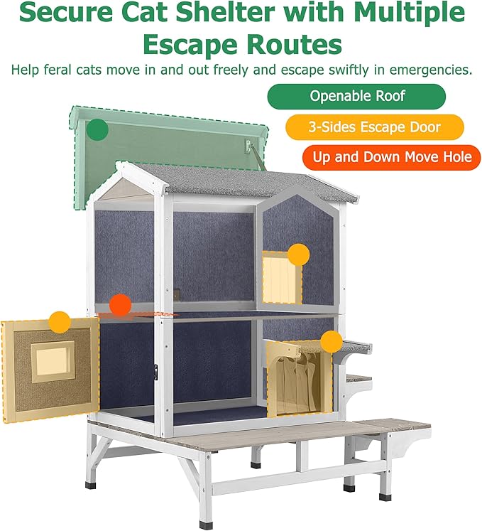 PetsCosset Outdoor Cat House Insulated Cat Houses Weatherproof Cat Shelter for 2-3 Cats with Escape Doors,Balcony,Openable Roof & Elevated Base 2 Story Wooden Warm Winter Home for Feral & Pet Cats
