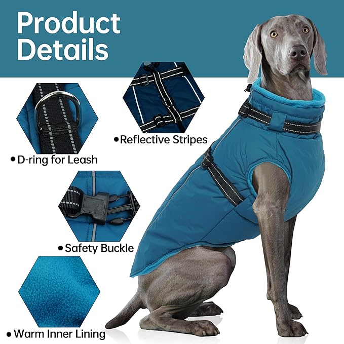 PUMYPOREITY Dog Coat with Harness Built in, Reflective Fleece Jacket, Thick and Warm Winter Coat, Medium Dog Jacket with Zip, Cold Weather Coats for Outdoor, Windproof Pet Snowsuit, Blue, M