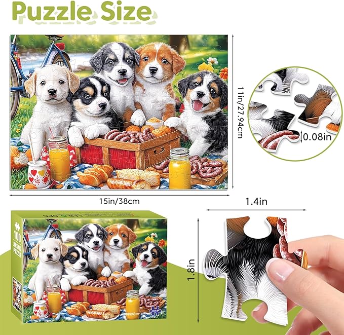 100 Piece Puzzles for Kids Ages 4-6 & 5-8, Puppies Picnic Jigsaw Puzzle for Kids Ages 8-10, Large Piece Puzzles for Adults & Seniors Educational Interactive Family Fun Puzzle for Boys Girls