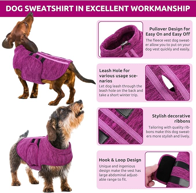 Queenmore Medium Dog Sweaters, Soft Fleece Vest Pullover Dog Jacket with Leash Hole, Warm Winter Dogs Clothes Cold Weather Doggy Dachshund Sweater for Medium Dogs Cats Boy or Girl (Cationic Berry,M)