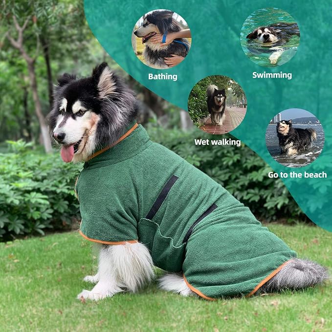 Dog Drying Coat Bathrobe Towel, Microfibre Material Fast Drying Super Absorbent Dog Bath Robe, Pet Quick Drying Moisture Absorbing with Adjustable Collar and Waist