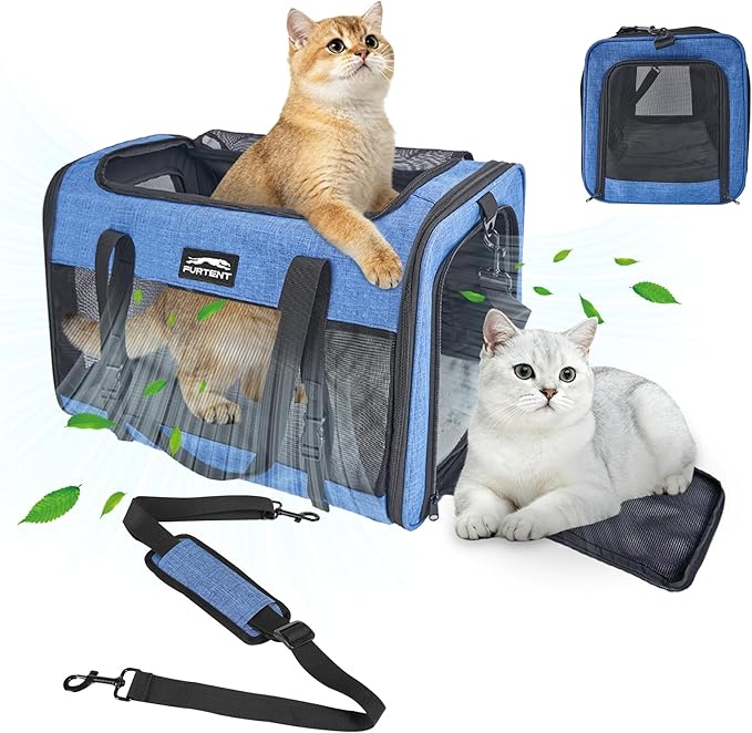 Soft-Sided Large Cat Carrier for 2 Cats, Spacious Foldable Pet Travel Carrier for Large Cats up to 25 Lbs, Double Cat Bag with Shoulder Strap, 20x13x13 Inch, Fits Maine Coon and Small Dogs, Blue