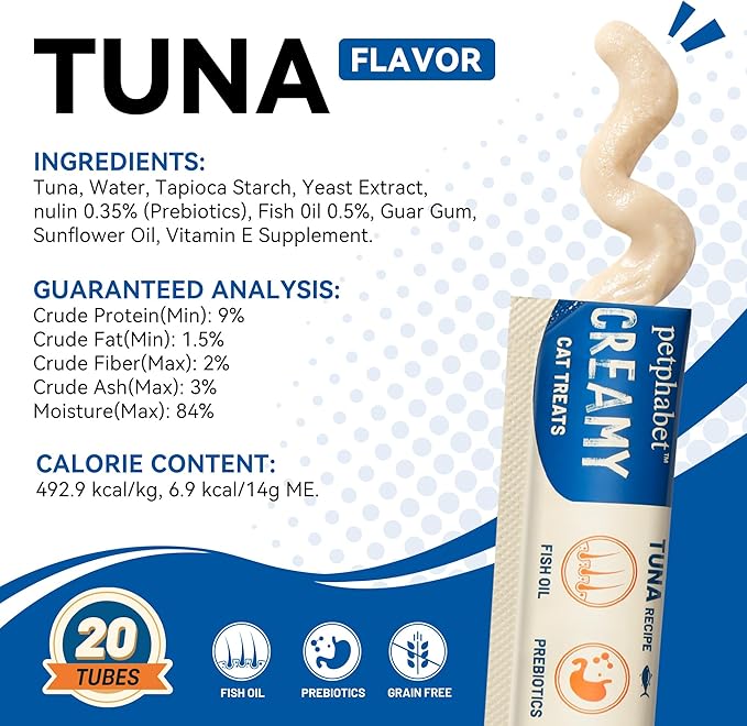 PETPHABET Lickable Cat Treats, Creamy Puree Wet Kitten Treats Tuna Recipe, Squeezable Paste Cat Snacks, Grain-Free Kitty Treat, High Protein Squeeze Up Tubes for Cats (0.5 oz x 20 Counts)
