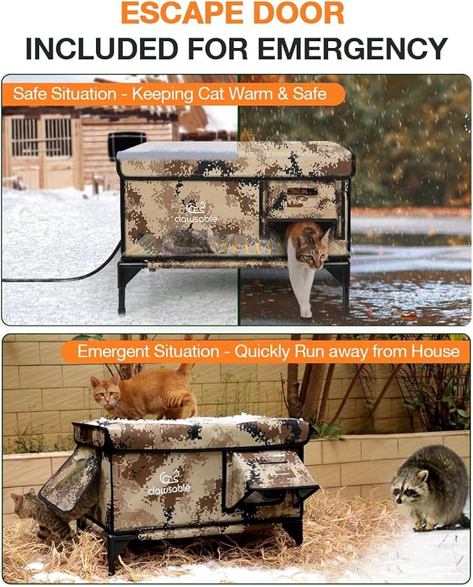 Indestructible Heated Cat House for Outside Winter, 100% Waterproof, Safe Escape Door, Insulated Outdoor Cat Shelter with Heater for Feral Barn Cat Kitty (Desert Camouflage, 29"x17"x20")