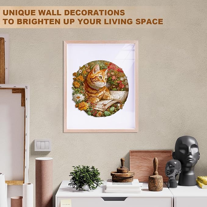 KAAYEE Wooden Puzzles for Adults, Flower Kitten Reading Puzzles, 200 Piece Unique Animal Shape Puzzle, Cat Wood Puzzle for Adults, Creative Gifts for Cat Lover/Friends/Family(11.4 * 11.4in)