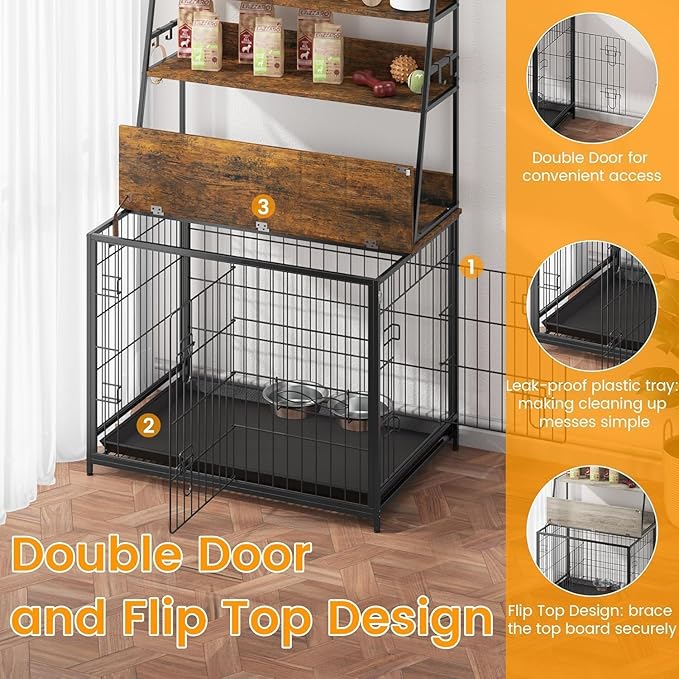 57 Inch Dog Crate Furniture with Storage - Large Dog Cage with Double Door,Dog House Kennel Indoor with Two 7" Dog Bowls,37.4"×24.4"×57.1",Vintage