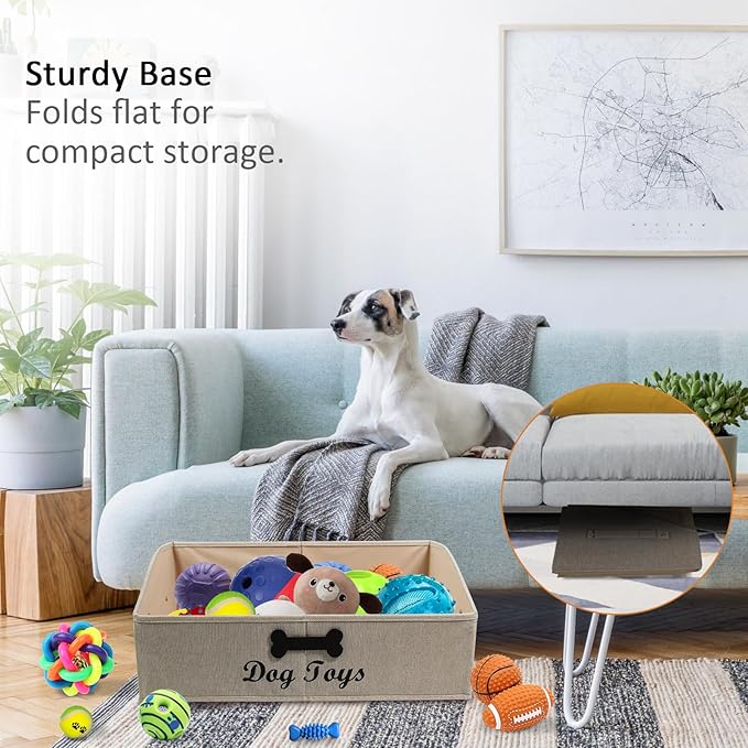 Collapsible Dog Toy Box - Fabric Storage for Toys/Blankets/Leashes - Khaki Stripe