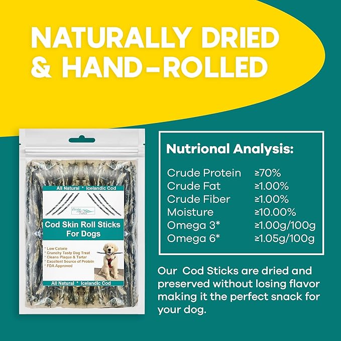 Ocean Tides Icelandic Atlantic Cod Fish Skin Treats for Dogs and Cats Dried Lean Crunch Sticks Chews