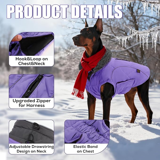 EMUST Winter Dog Vests, Fleece Lined Dog Coats Warm Jackets for Small Medium Large Dogs, Cold Weather Apparel, Purple, Extra Extra Large
