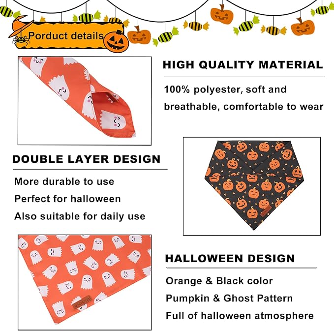 ADOGGYGO Halloween Dog Bandanas 2 Pack, Reversible Pumpkin Ghost Scarf, Premium Fabric, Adjustable Fit Orange Black Halloween Bandanas for Small Dogs (Small)