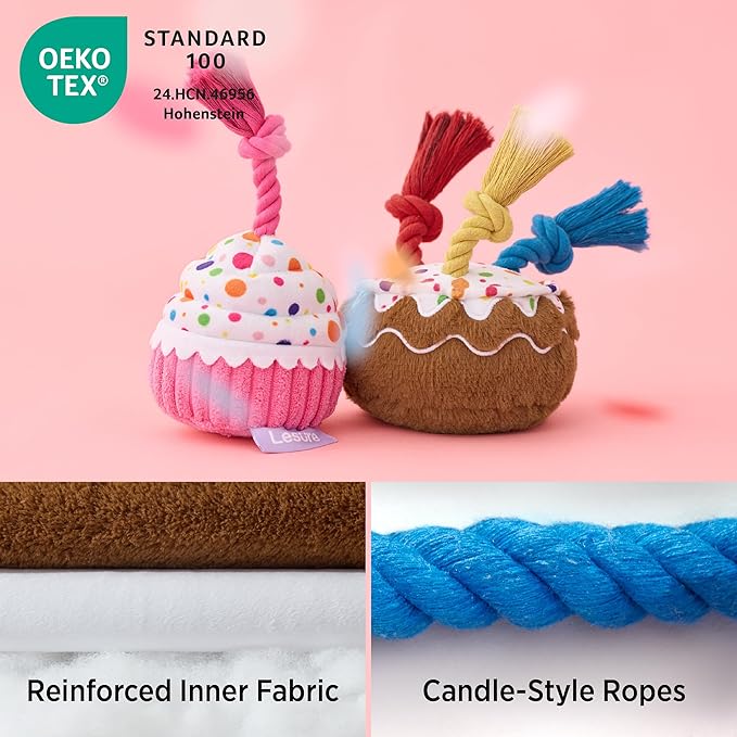 LE SURE Dog Birthday Cake Toy - Cute Squeaky Dog Birthday Toy for Gentle Chewers with Interactive Tug Rope, Plush Interactive Toy for Adult Dogs Birthdays Party, Standard, Milk Chocolate