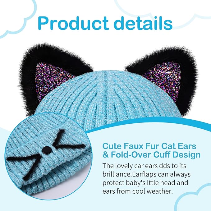 Kids Girls Cat Ear Hat Winter Warm Knit Beanie Cute Ski Skull Cap for Ages 7-12